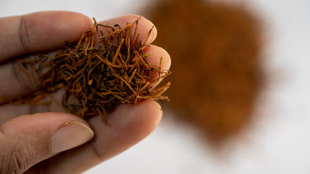 Close up of a hand holding a pile of dried saffronの写真素材