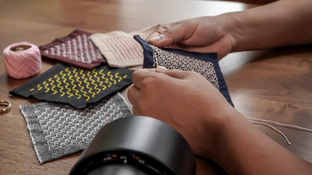 Close-up of a tailor's hand sews a piece of fabric while recording a video with camera.の写真素材