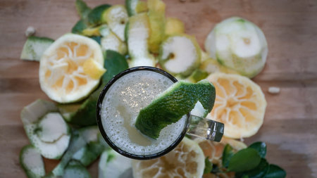 Citrus smoothie with sri lankan orange, lime, grapefruit and orange peels.