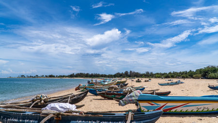 Fishing boats on the shore of the Indian Ocean in Sri Lanka