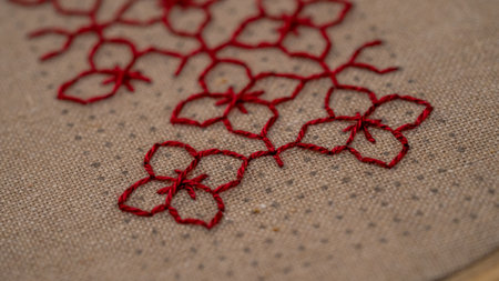 Close-up of embroidery with red thread on linen backgroundの写真素材