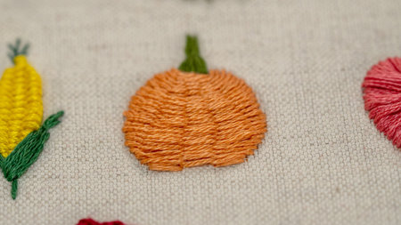 Embroidery on fabric. Handmade embroidery background