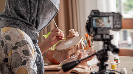 muslim blogger recording video for vlog at home