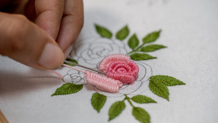 Artisan's Rose: Close-Up of Hand Embroidery with Pink Shaded Floss