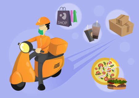 massenger wear orange uniform and mask on motorcycle; package; parcel; box; drinks; milk tea; plastic cup; pizza; hamburgerのイラスト素材