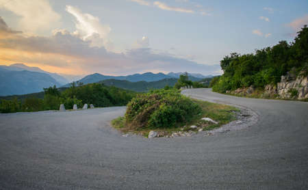 Hairpin curve from ground perspectiveの写真素材