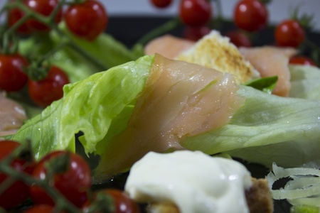 fresh green salad with smoked salmonの写真素材