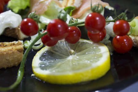 fresh green salad with smoked salmonの写真素材