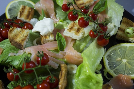 fresh green salad with smoked salmonの写真素材