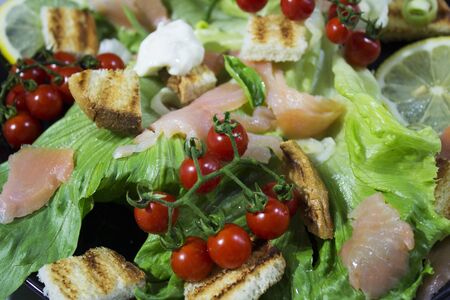 fresh green salad with smoked salmonの写真素材