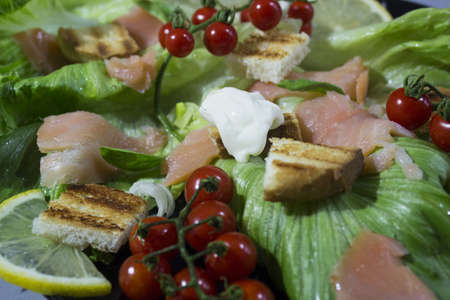 fresh green salad with smoked salmonの写真素材