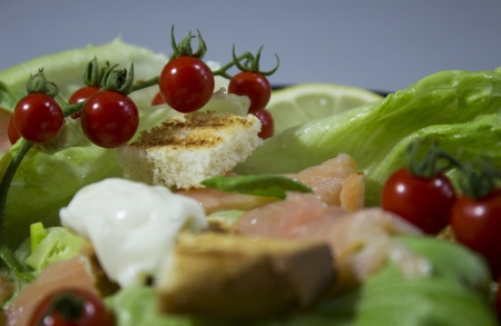 fresh green salad with smoked salmonの写真素材