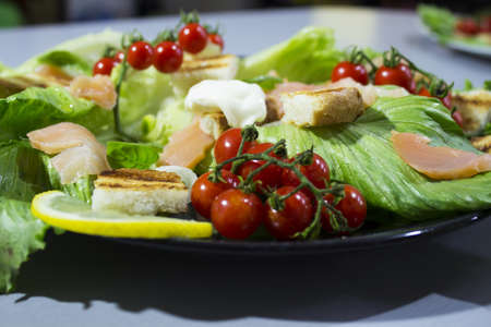 fresh green salad with smoked salmonの写真素材