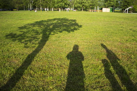 silhouette family with shadows in grass fieldの写真素材