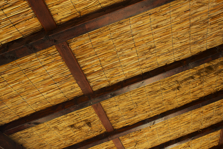 Reedy roof with wooden logの写真素材