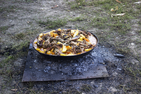 roasted lamb under the bell with a vegetables,traditional grillの写真素材