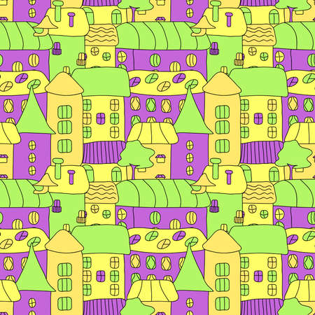 Cartoon pattern with tiny vector houses and trees at summer time. Green yellow and lilac. Hand drawn seamless ornament can be used for web page textured backgrounds, pattern fills, design projects, textile, wrapping, wallpaperのイラスト素材