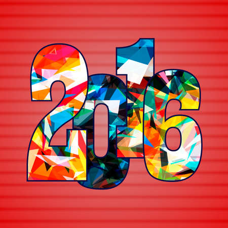 Happy New Year 2016. Decorative vintage ornamental geometric inscription. For calendar, invitation, post cards, congratulation. business mail. Color rainbow: red blue yellow  Striped backdropのイラスト素材