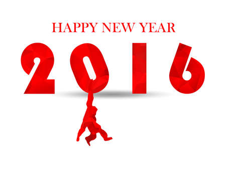 Illustration Snow white 2016 on light bright white background. shadows. Happy new year design business concept. Red triangle numbers, hanging monkey's silhouette blessing textのイラスト素材