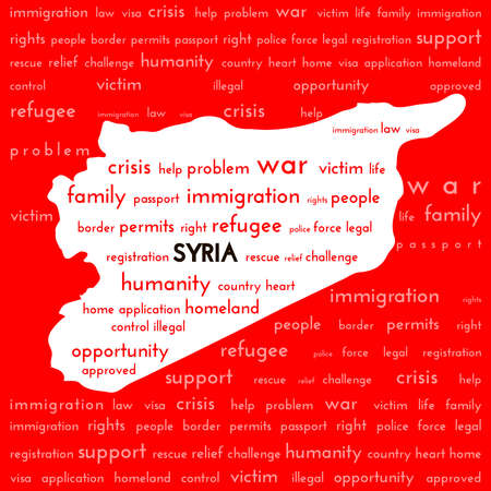 White Syria country map silhouette surrounded bloody red color with the words: war victim immigration Syria refugee. War victims and refugee crisis in the Mediterranean concept.  vector illustrationのイラスト素材