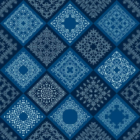 Abstract Patchwork tiles seamless background.  Floral pattern texture design. Mosaic old fashion creative backdrop. Color dark, light blue, indigo, aqua, teal.のイラスト素材