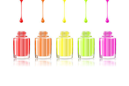 Vivid Rainbow nail polish bottles. Multicolored drips isolated on white background. Vector illustration eps10: mesh and gradient. Colourful Manicure. For cosmetics fashion beauty advertisingのイラスト素材