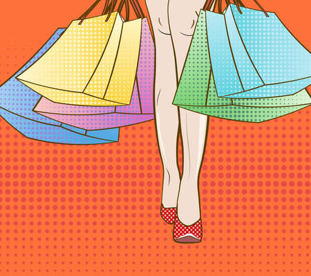 Let's go shopping. Vector illustration eps 10. Pop art style. black friday, seasonal spring summer winter autumn sale. Discount time in mall, retail. Fashion days. Retro halftone dots backgroundのイラスト素材