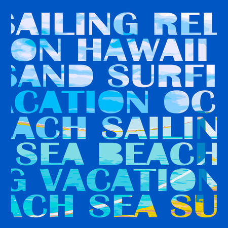 Vector illustration of words stamps silhouette with text: hawaii, surfing, beach, sea, ocean. Pier or jetty in summer day with white clouds as a background.のイラスト素材