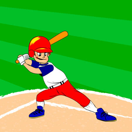 Young baseball player with a bat on his shoulder ready for batting. Baseball filed. Young boy in red blue white clothes. Cartoon characterのイラスト素材