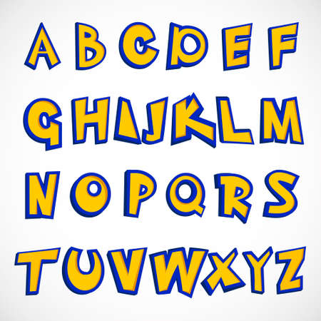Alphabet letter written in a cartoon game vector illustration. Lettering for Design, Website, Banner. Element for smartphone game. Blue stroke yellow. 3d.のイラスト素材