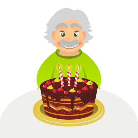 Old man celebrating birthday. Senior man with chocolate cake and candle sitting alone over white. Portrait of grandfather with grey hair and mustache, front view. caucasian elder man.のイラスト素材