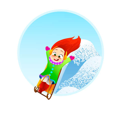 Little girl enjoying a sleigh ride. Child sledding. Toddler kid riding a sledge. Children play outdoors in snow. Kid sled in the Alps mountains in winter. Outdoor fun for family Christmas vacation.のイラスト素材