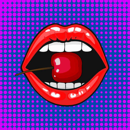 Close up view of young pretty woman lips portrait biting a cherry. Open month with white teeth eating a red cheery.のイラスト素材