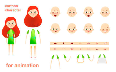 Schoolgirl. Character design for animation. Parts of body template elements. Kids face with emotions. Girl cartoon animated vector illustration. Isolated on white background. Set of mouth, handsのイラスト素材