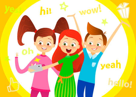 Cartoon children character. Kids smile, make selfie. Happy girls and boy enjoy taking selfie with photo camera. Child photography. Joyful young pupils characters. Cute guy with friends. Vector flatのイラスト素材