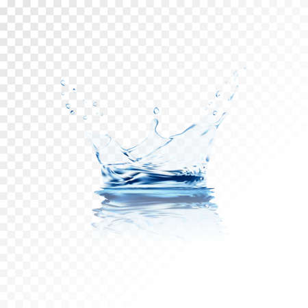 Blue transparent water vector splash crown with ripple reflection. water spray with drops isolated. 3d illustration vector. aqua surface background created with gradient mesh tool.のイラスト素材