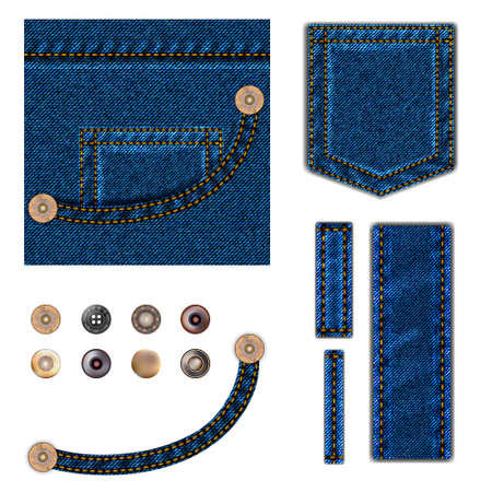 Jeans and buttons. vector illustration set. Blue denim background with pocket, metal snaps collection and texture border elements. isolated over white.のイラスト素材