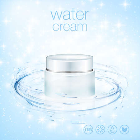 Aqua cream cosmetic product ads, hydrating facial skincare mock up template for christmas seasonal sale. Turquoise mask bottle isolated on glitter particles with water splash. 3D illustration.のイラスト素材