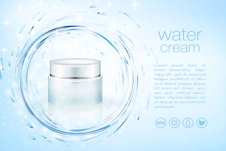 Aqua cream cosmetic product ads, hydrating facial skincare mock up template for christmas seasonal sale. Turquoise mask bottle isolated on glitter particles with water splash. 3D illustration.のイラスト素材