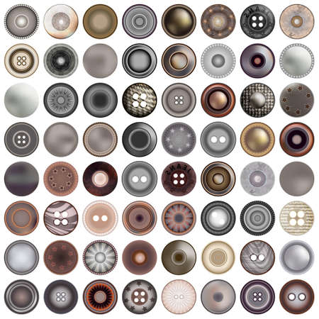 Various sewing buttons isolated on white. Mega set of realistic metal round button set. 3d...