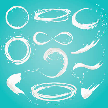 set of milk splashes vector isolated over blue background. pouring white liquid or dairy products. Cream, yogurt fall with drops and blots. 3d illustration.のイラスト素材