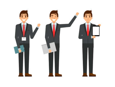 funny cartoon guy in the suit, gesturing. Set of businessman characters point and showing at tablet computer. Happy youg people smiling. Flat design.のイラスト素材