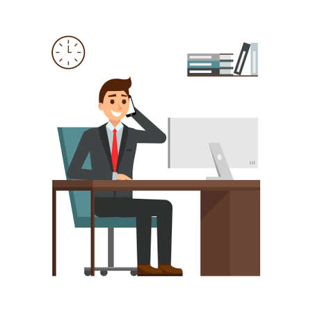 Businessman sitting at desk in bright office, talking on mobile phone and smiling. cartoon guy characters in the suit, working at computer at computer. Happy yound people smiling. Flat design.のイラスト素材