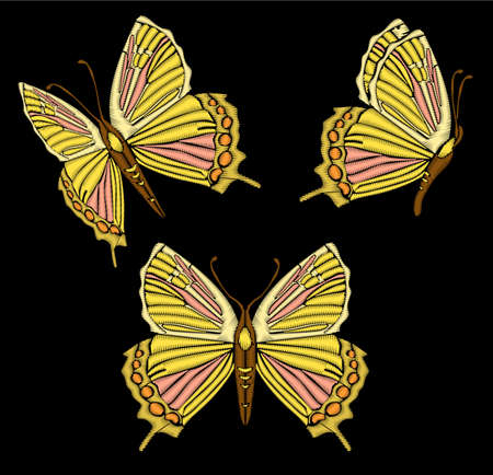 Embroidery ethnic butterfly, line design fashion wearing. Vector vintage , decorative element for embroidery, patches and stickers Set of butterflies in different viewsのイラスト素材