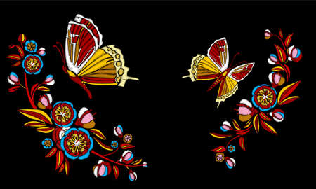 Embroidery ethnic flowers and butterfly, line design fashion wearing. Vector vintage , decorative element for embroidery, patches and stickers.のイラスト素材
