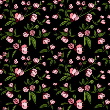 Seamless pattern of rose small flowers like piones on a black background. Embroidery ethnic floral background. line design fashion wearing. Vector vintage , decorative element for patches and stickersのイラスト素材