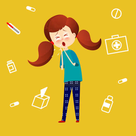 Sick child with fever and illness Kid catch cold, Young girl got flu and coughing, Sickness symthtomps vector illustration in cartoon styleのイラスト素材