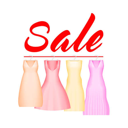 Summer sale background with vivid party dress, Vector background for banner, poster, flyer, card, postcard, cover, brochure, Four prom gowns with sale text.のイラスト素材