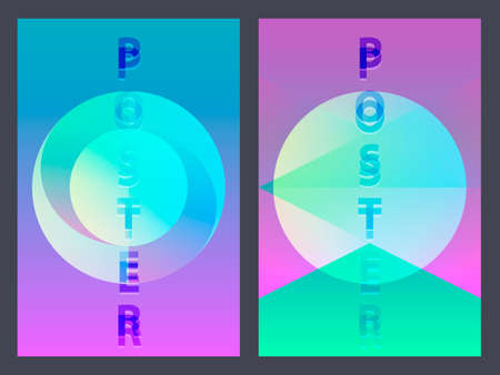 Poster with neon flat geometric pattern. Holographic colorful graphic backgrounds. Retro banner, flyer, leaflet, poster. Vector templateのイラスト素材