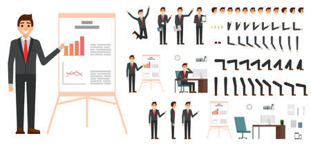 Character vector set. Male businessman character design in flat design isolated. Emotions, face, leg and arms and other parts for animation creationのイラスト素材